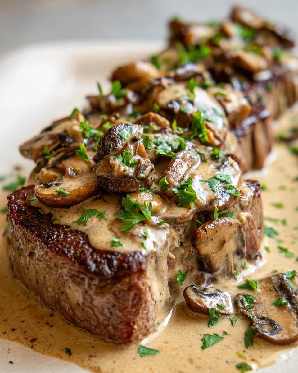 Close-up of seared round steaks smothered in creamy cognac sauce and saut&eacute;ed mushrooms.