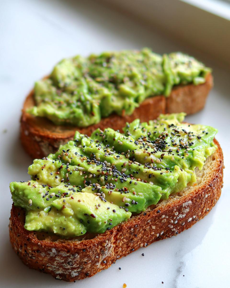 Two slices of toasted bread topped with mashed avocado and everything bagel seasoning for Saturday Morning Everything Avocado Toast.