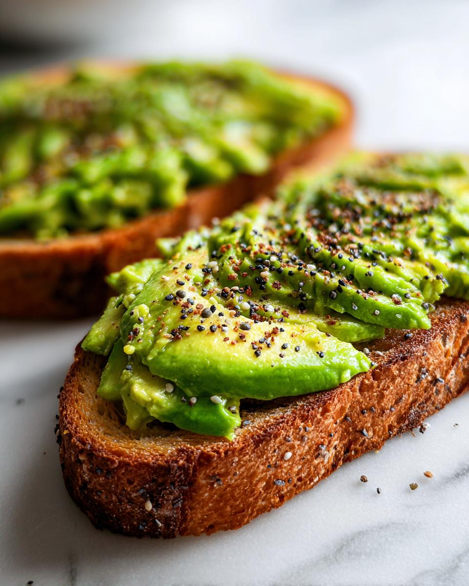 Close-up of perfectly toasted bread topped with sliced avocado and everything bagel seasoning for Saturday Morning Everything Avocado Toast.