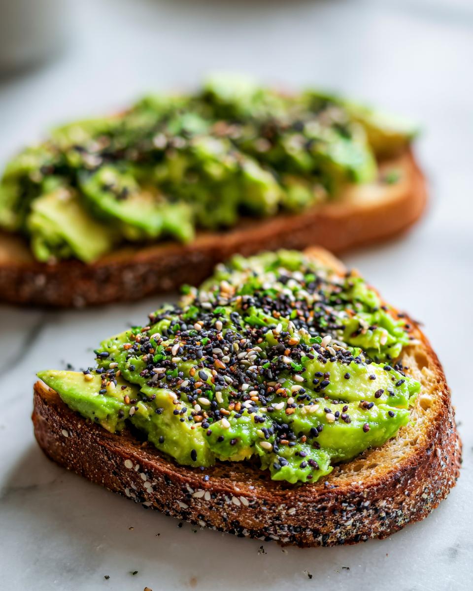 Close-up of a slice of toasted bread topped with mashed avocado and a generous sprinkle of everything bagel seasoning for Saturday Morning Everything Avocado Toast.