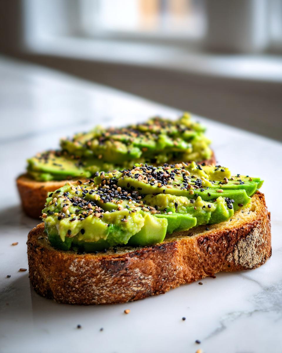 Close-up of thick-cut sourdough toast topped with sliced avocado and everything bagel seasoning for Saturday Morning Everything Avocado Toast.