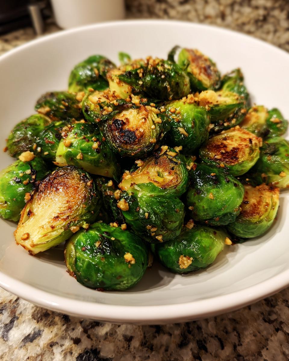 Close-up of bright green, caramelized Sauteed Brussel Sprouts topped with crushed nuts or garlic.