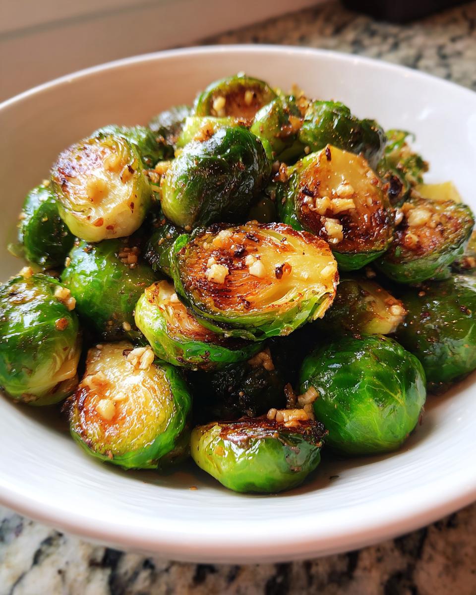 Close-up of bright green, caramelized Sauteed Brussel Sprouts tossed with minced garlic in a white bowl.
