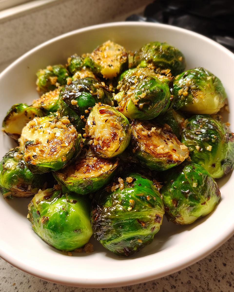 A close-up of vibrant green, caramelized Sauteed Brussel Sprouts tossed with garlic bits in a white serving bowl.