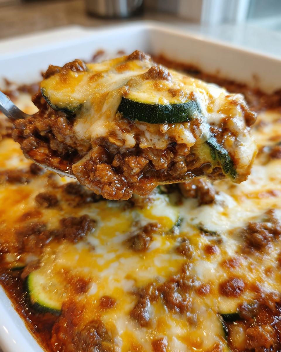 A spoonful of rich Beef Zucchini Casserole lifted from the dish, showing ground beef, zucchini slices, and melted cheese.
