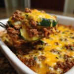 A spoonful of cheesy Beef Zucchini Casserole lifted from a white baking dish, showing layers of ground beef and zucchini.