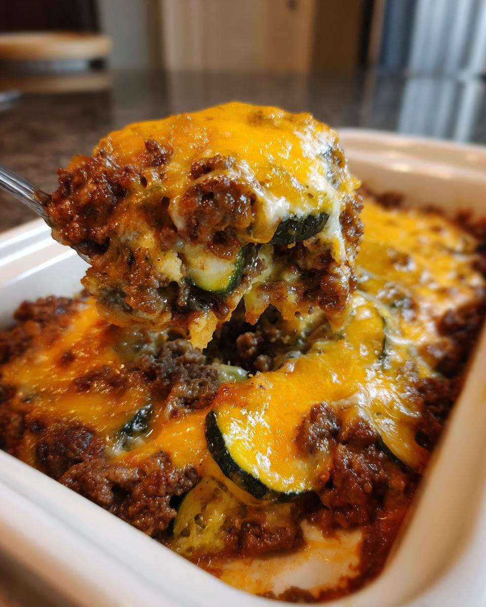A spoonful of rich Beef Zucchini Casserole topped with melted cheddar cheese being lifted from the baking dish.