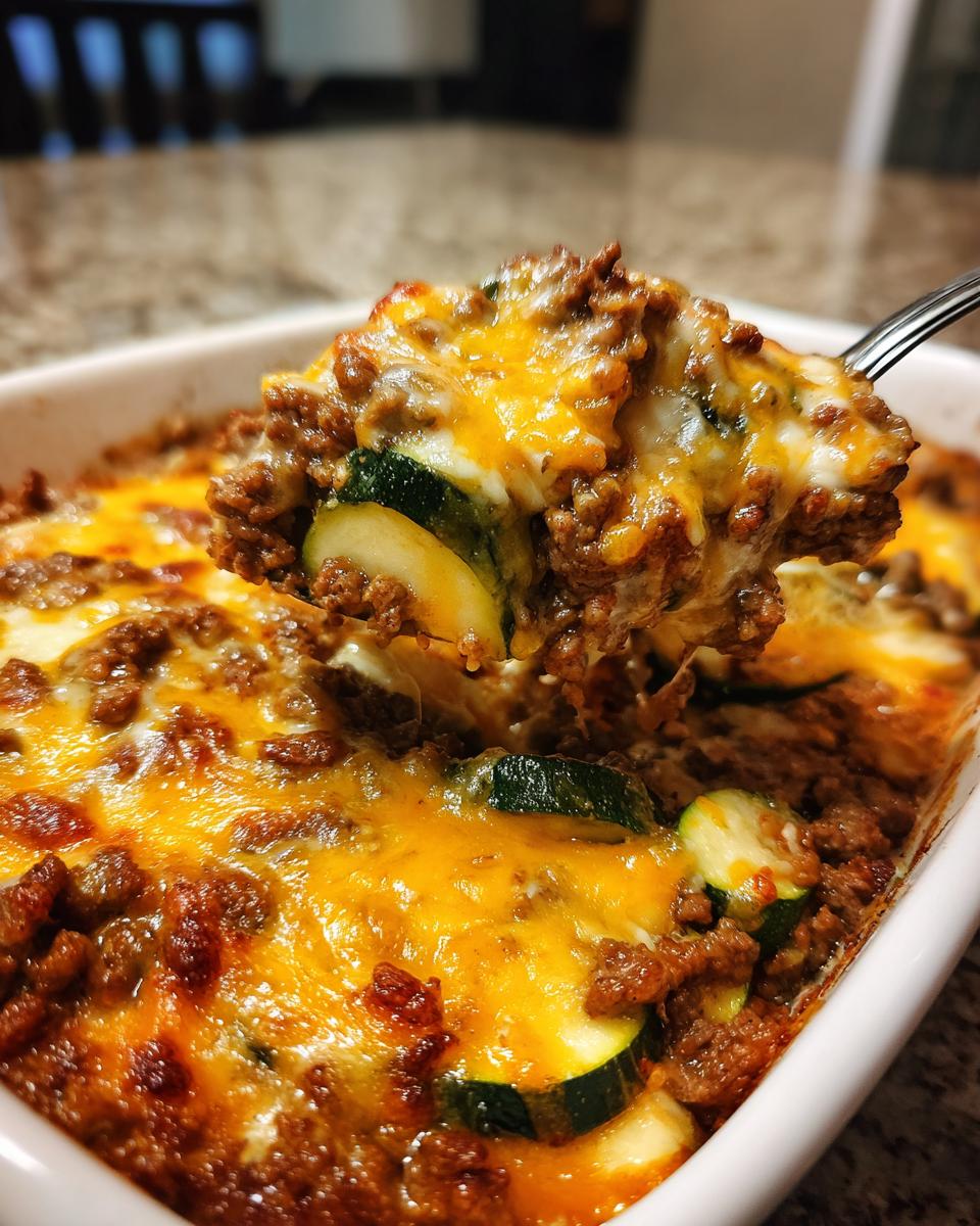 A fork lifts a cheesy, meaty serving from a baked Beef Zucchini Casserole topped with melted cheddar.