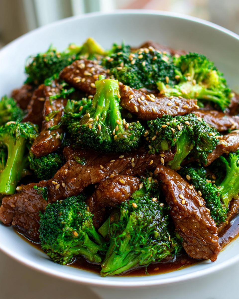 Close-up of tender slices of beef coated in sauce mixed with bright green broccoli florets, topped with sesame seeds, ready to eat Sesame Beef And Broccoli.