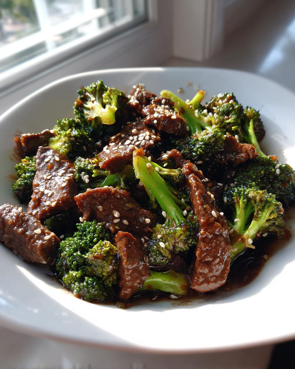 A bright, close-up photo of Sesame Beef And Broccoli coated in sauce and sprinkled with sesame seeds, served in a white bowl.