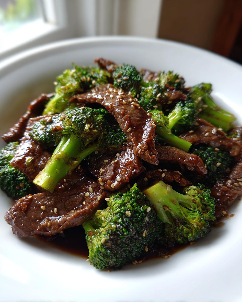 Close-up of glossy, saucy Sesame Beef And Broccoli florets and strips served in a white bowl.