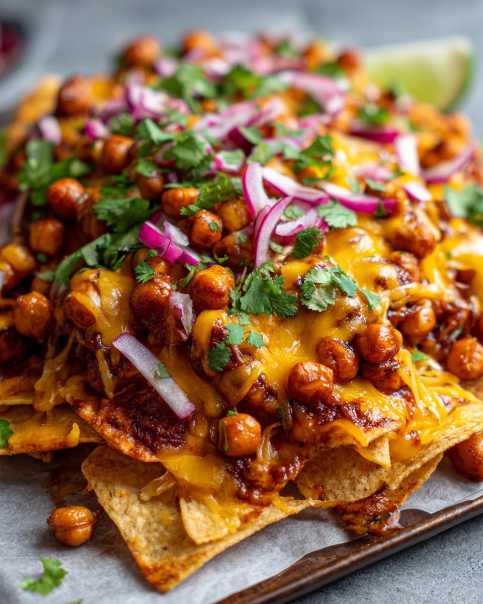 Close-up of cheesy Sheet Pan Buffalo Chickpea Nachos topped with red onion and cilantro.