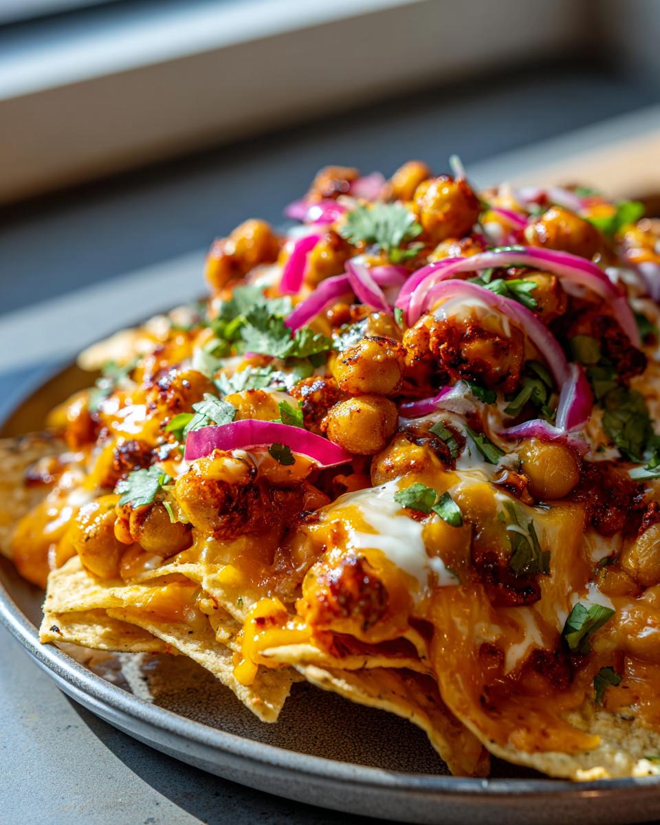 Close-up of Sheet Pan Buffalo Chickpea Nachos topped with melted cheese, buffalo chickpeas, red onion, and cilantro.