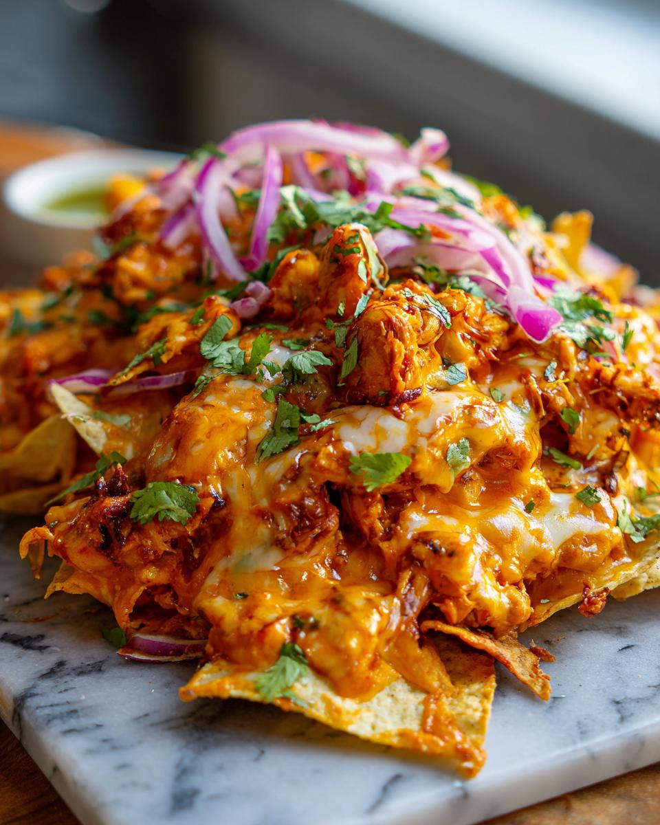 Close-up of Sheet Pan Buffalo Chickpea Nachos covered in melted cheese, red onions, and cilantro.