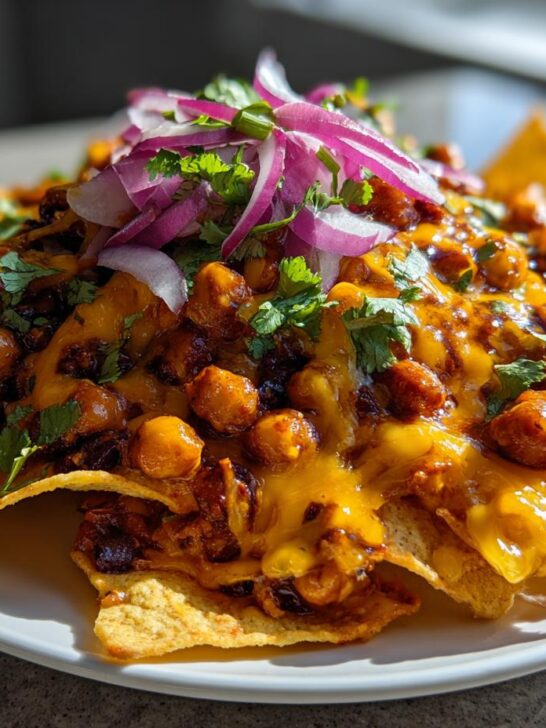 A plate piled high with Sheet Pan Buffalo Chickpea Nachos, covered in melted cheese, buffalo chickpeas, and red onion.