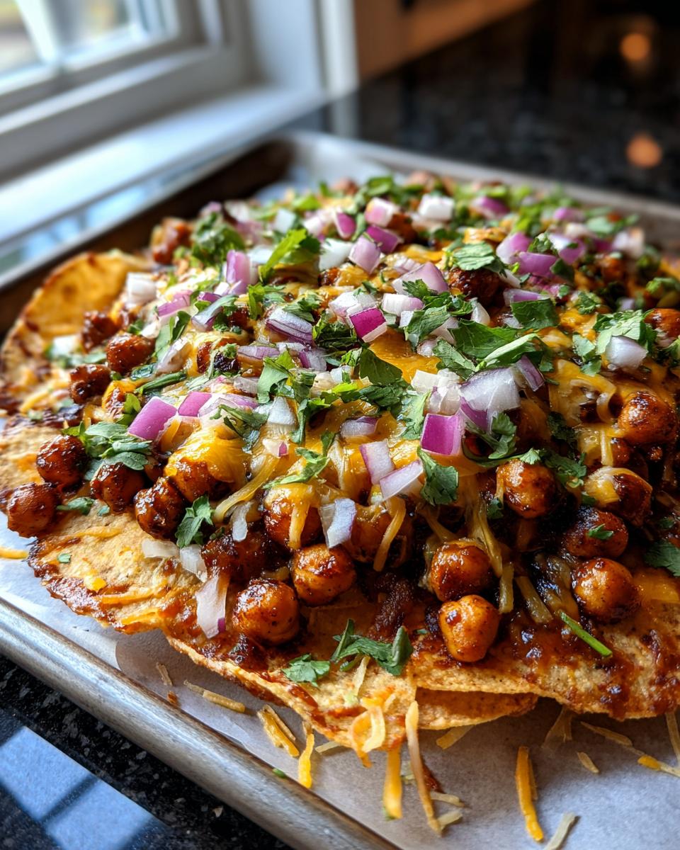 A close-up of Sheet Pan Buffalo Chickpea Nachos covered in sauce, melted cheese, diced red onion, and cilantro.