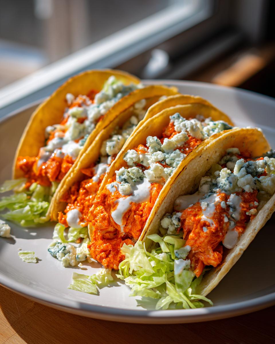 Four crispy tacos filled with bright orange shredded buffalo chicken, lettuce, blue cheese crumbles, and ranch drizzle.