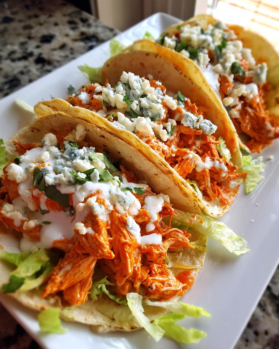 Three delicious Shredded Buffalo Chicken Tacos filled with orange sauce-coated chicken, lettuce, ranch, and blue cheese crumbles.