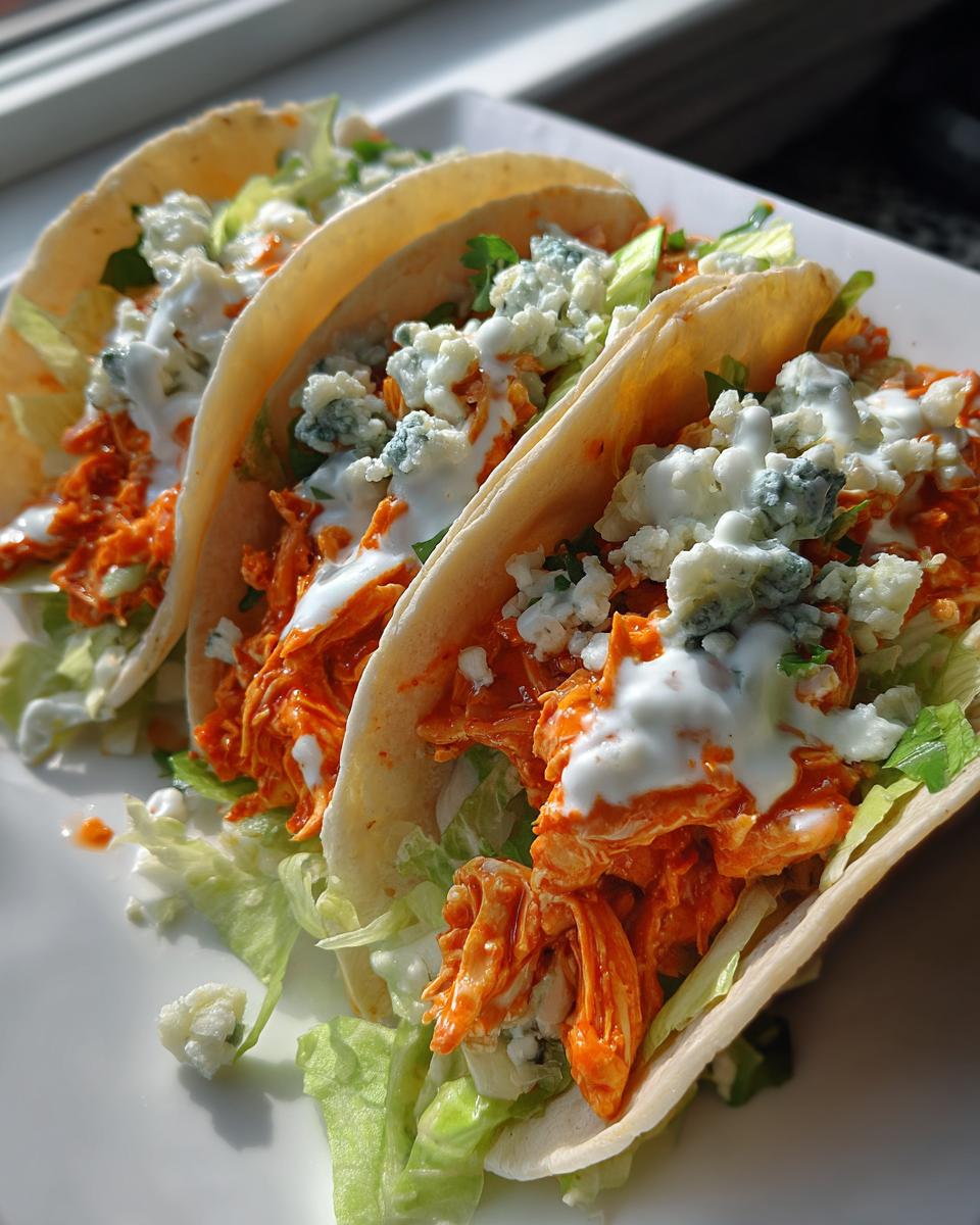Three soft shell Shredded Buffalo Chicken Tacos filled with orange buffalo chicken, lettuce, blue cheese crumbles, and ranch dressing.