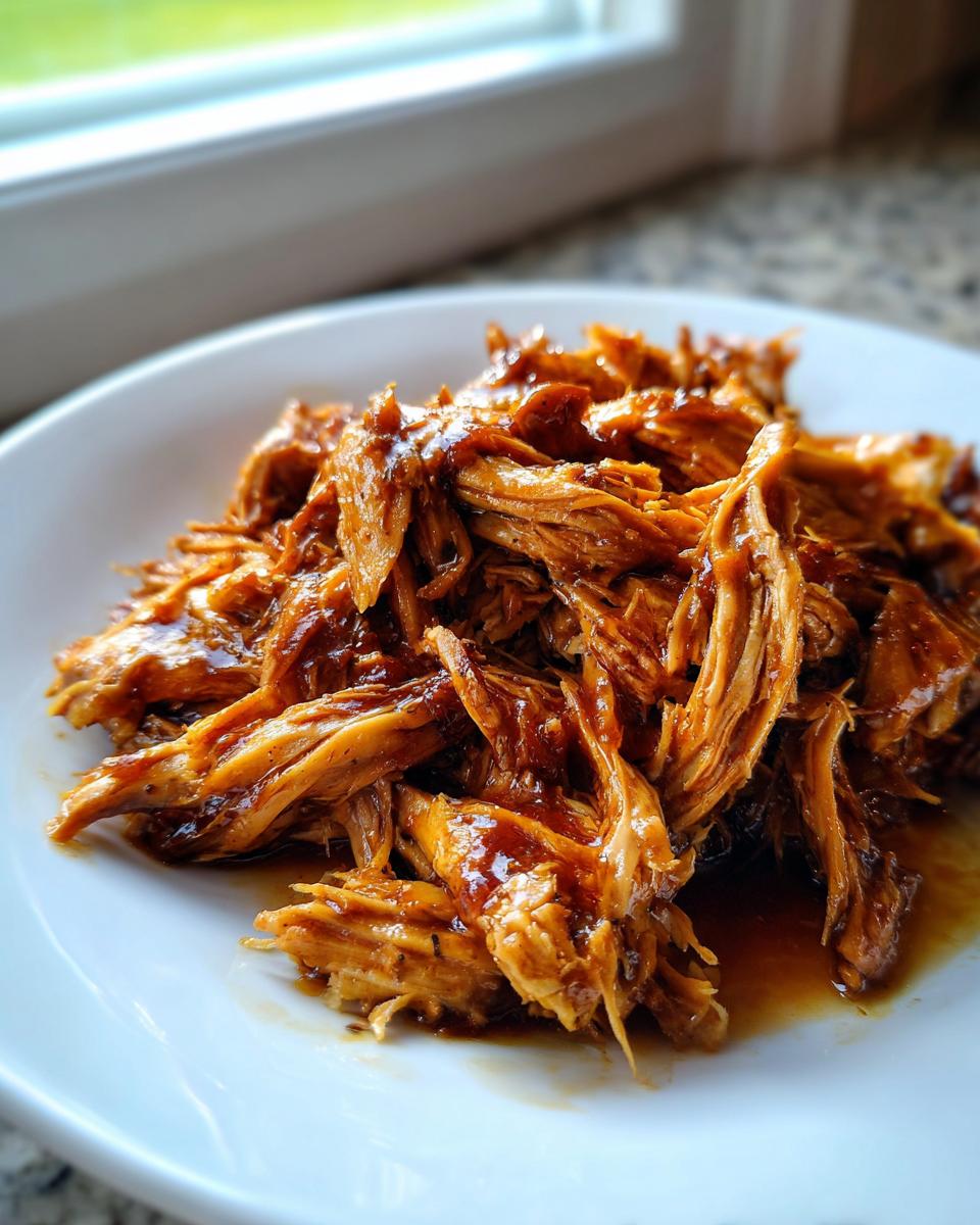 Close-up of shredded Crock Pot Honey Garlic Chicken coated in a thick, glossy sauce, served on a white plate.