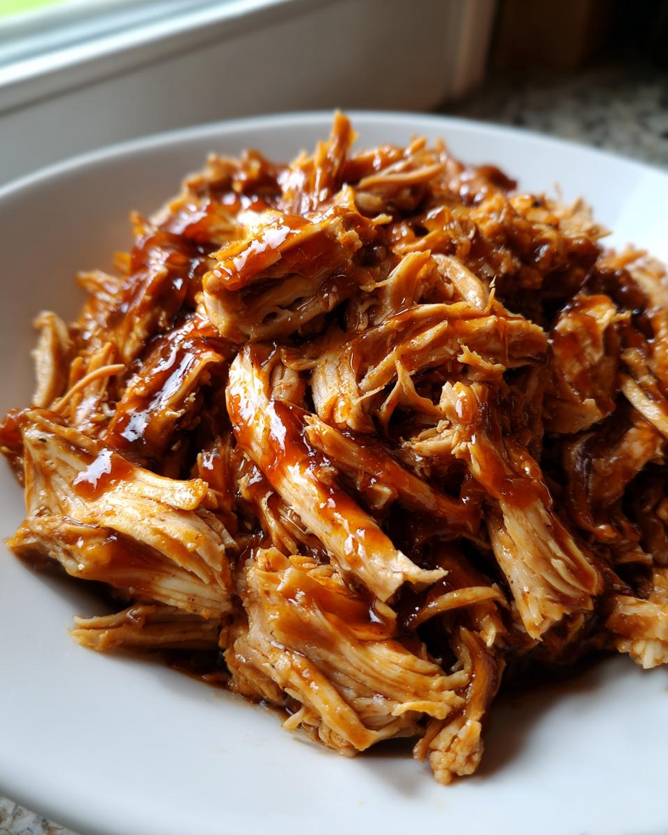 Close-up of shredded Crock Pot Honey Garlic Chicken coated in a thick, glossy honey garlic sauce, served in a white bowl.