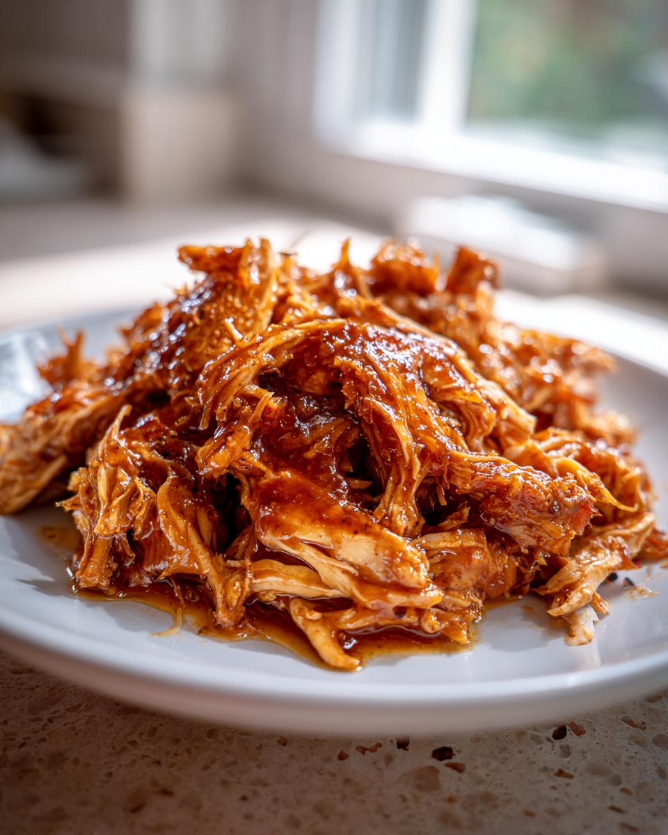 A close-up of shredded Crock Pot Honey Garlic Chicken coated in a rich, glossy sauce, served on a white plate.