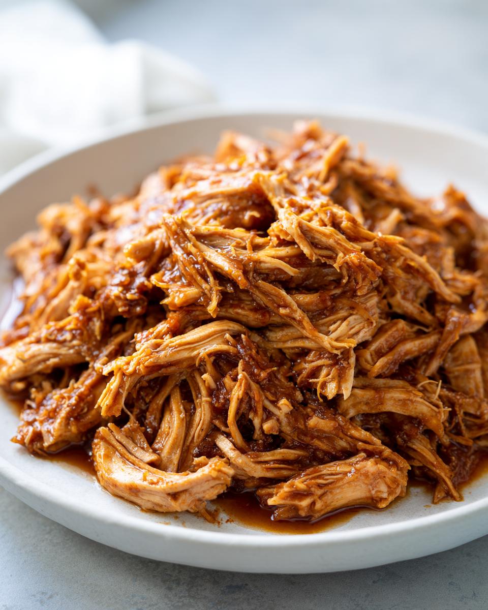 A close-up of shredded Crock Pot Honey Garlic Chicken coated in a rich, glossy sauce, served on a light plate.