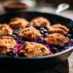Close-up of bubbling Skillet Blueberry Cobbler With Cinnamon Biscuits baking in a cast iron pan.