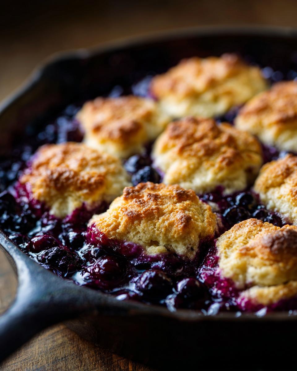 Close-up of golden cinnamon biscuits topping bubbling blueberry filling in a cast iron skillet, perfect Skillet Blueberry Cobbler.