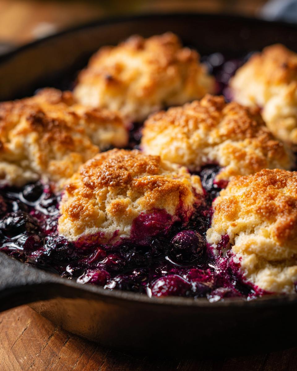 Close-up of bubbling Skillet Blueberry Cobbler With Cinnamon Biscuits in a cast iron pan.