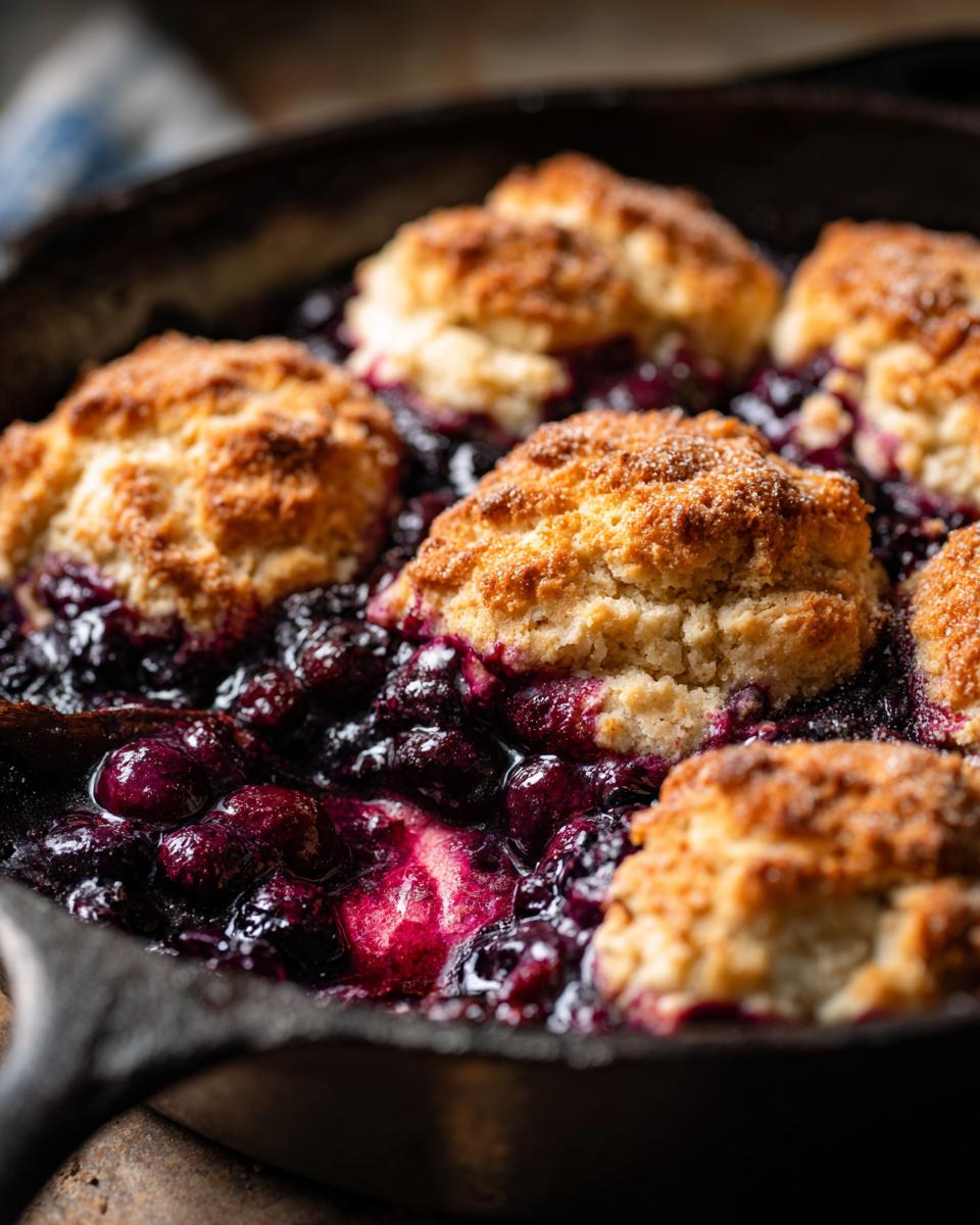 Close-up of bubbling Skillet Blueberry Cobbler With Cinnamon Biscuits in a cast iron pan.