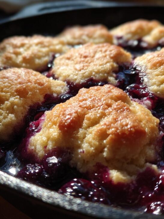 Close-up of golden cinnamon biscuit topping nestled in bubbling blueberry filling of a Skillet Blueberry Cobbler.