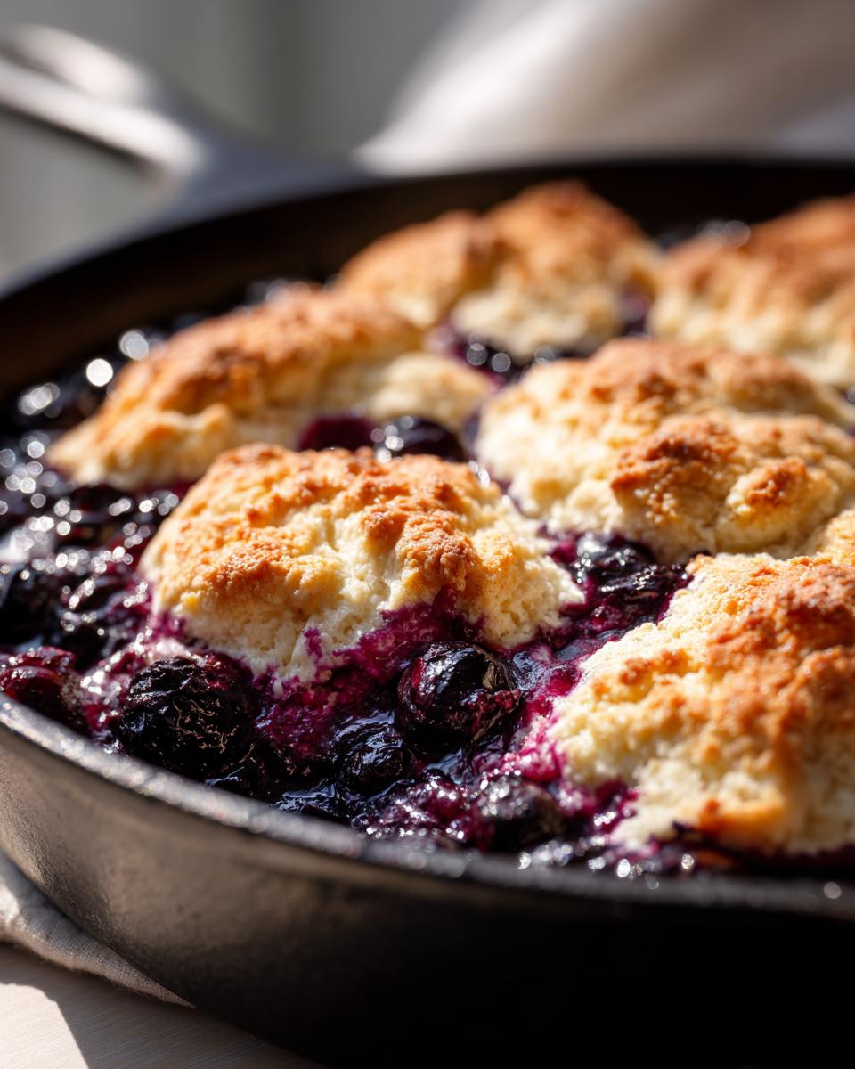 Close-up of bubbling Skillet Blueberry Cobbler With Cinnamon Biscuits in a cast iron pan.