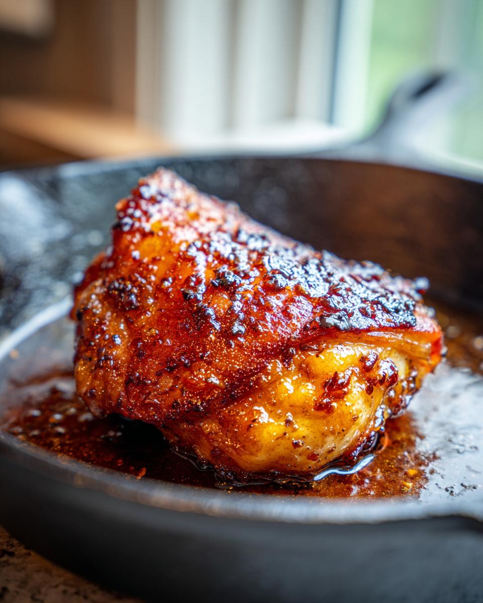 Close-up of a juicy chicken thigh coated in a dark, sticky honey garlic glaze, resting in a cast iron skillet.