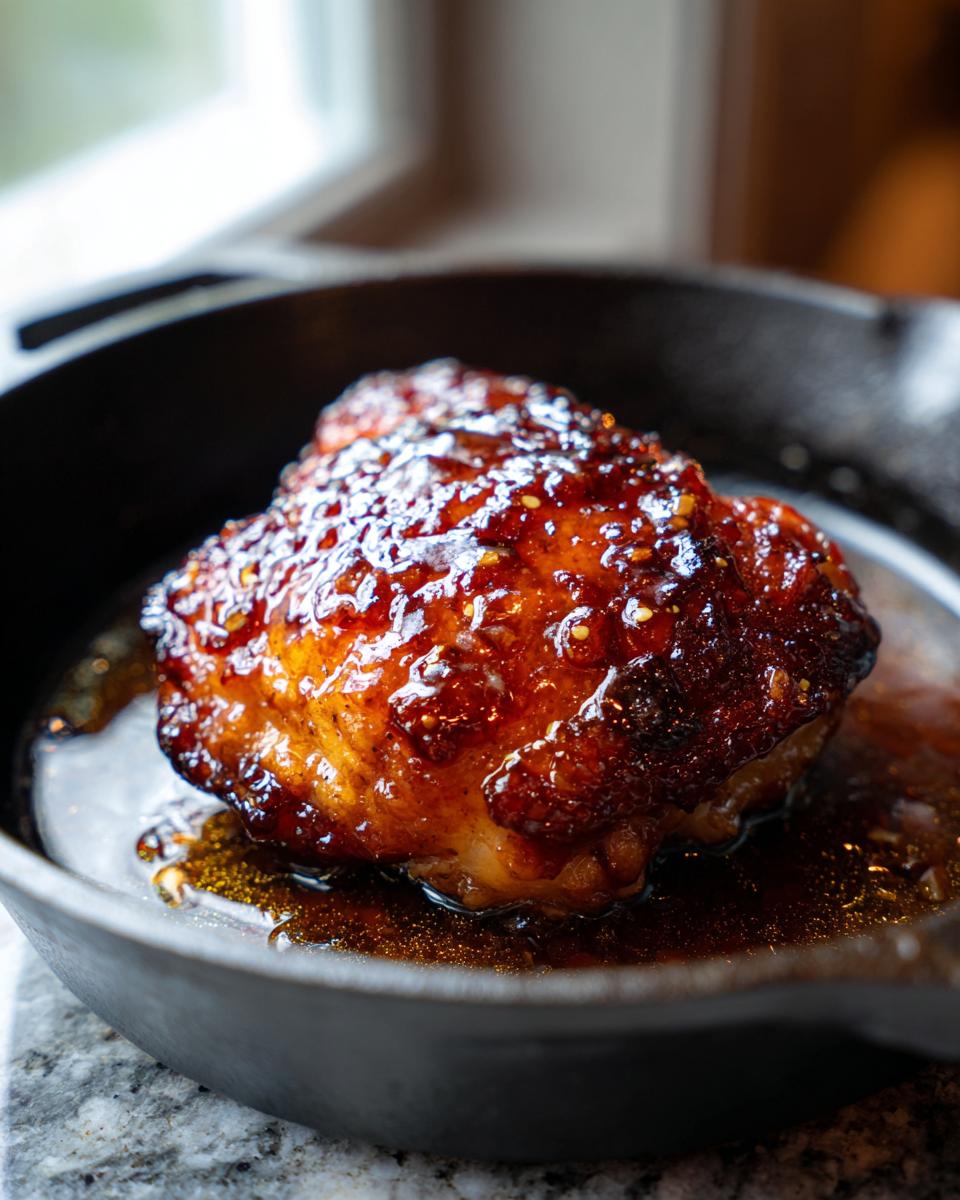 Close-up of a single, perfectly glazed Skillet Honey Garlic Baked Chicken Thighs in a cast iron pan.
