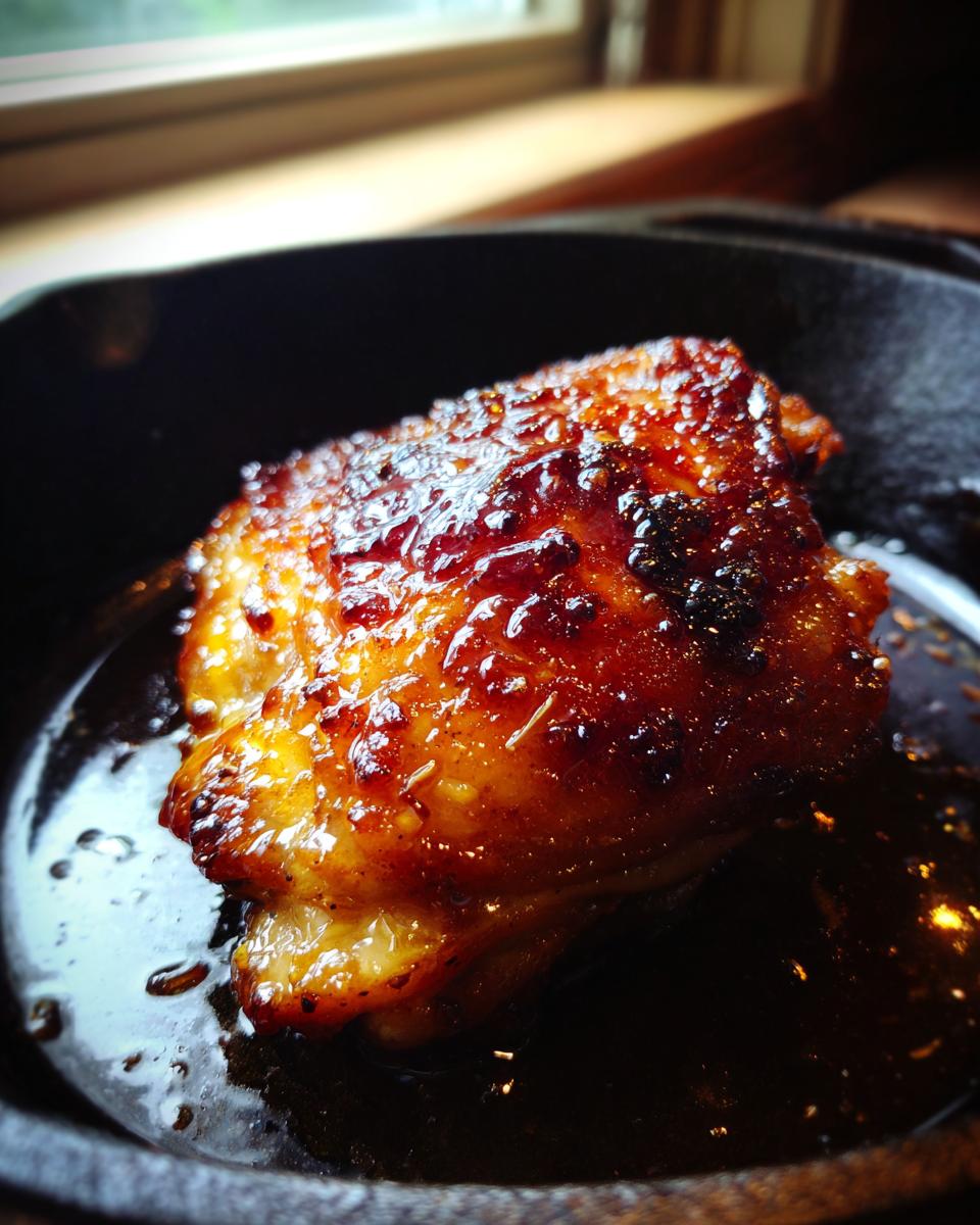 Close-up of a perfectly glazed Skillet Honey Garlic Baked Chicken Thighs resting in dark sauce in a cast iron skillet.