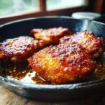 Four juicy Skillet Honey Garlic Baked Chicken Thighs with a sticky, caramelized glaze in a cast iron pan.