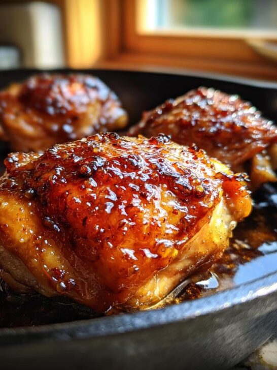 Close-up of four glazed Skillet Honey Garlic Baked Chicken Thighs in a cast iron pan.