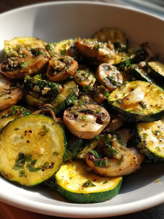 A white bowl filled with perfectly saut&eacute;ed Skillet Zucchini Mushrooms, seasoned with herbs and spices.