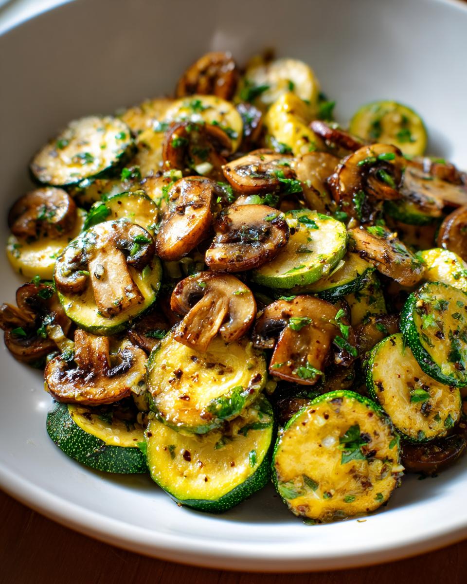 Close-up of saut&eacute;ed Skillet Zucchini Mushrooms, sliced and seasoned with herbs, served in a white bowl.