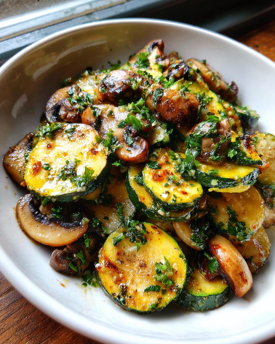 Close-up of sauteed Skillet Zucchini Mushrooms garnished with fresh parsley and garlic butter.