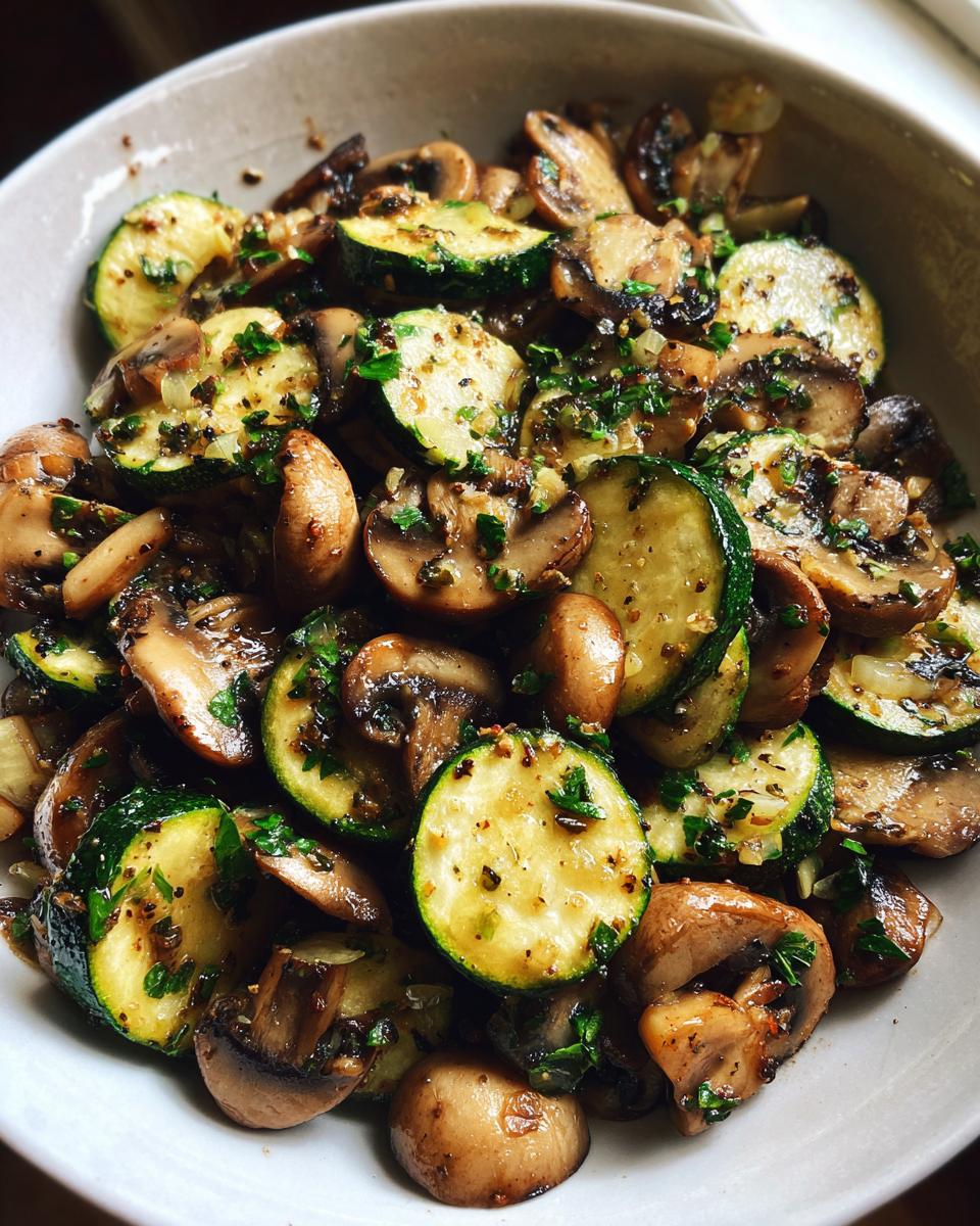 Close-up of saut&eacute;ed Skillet Zucchini Mushrooms seasoned with herbs and spices in a light-colored bowl.