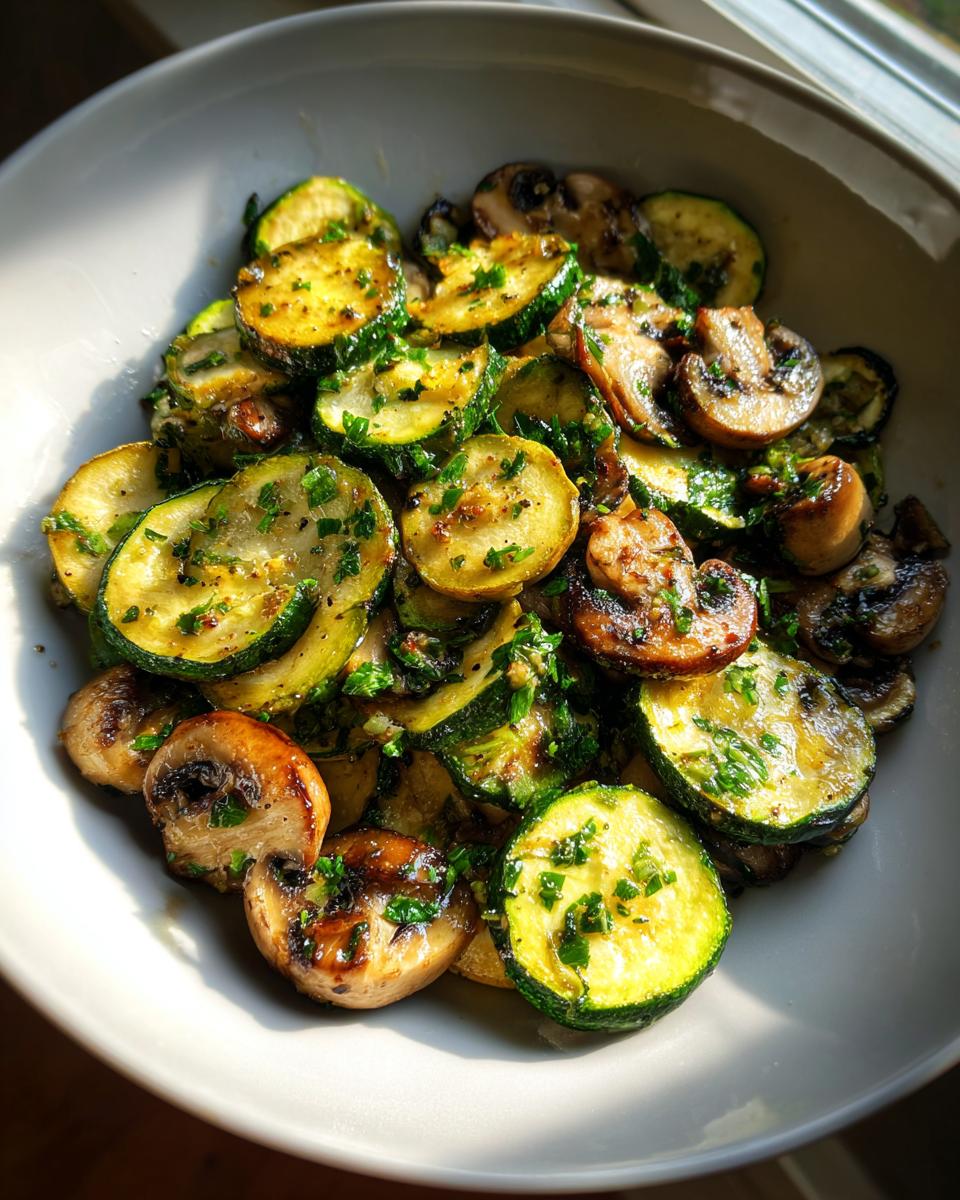 Close-up of saut&eacute;ed Skillet Zucchini Mushrooms garnished with fresh herbs in a white bowl.