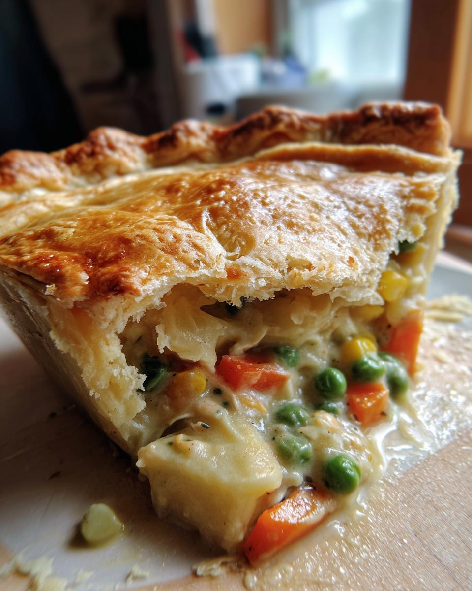 Close-up of a slice of Vegan Pot Pie showing flaky crust and creamy filling with peas, carrots, and potatoes.