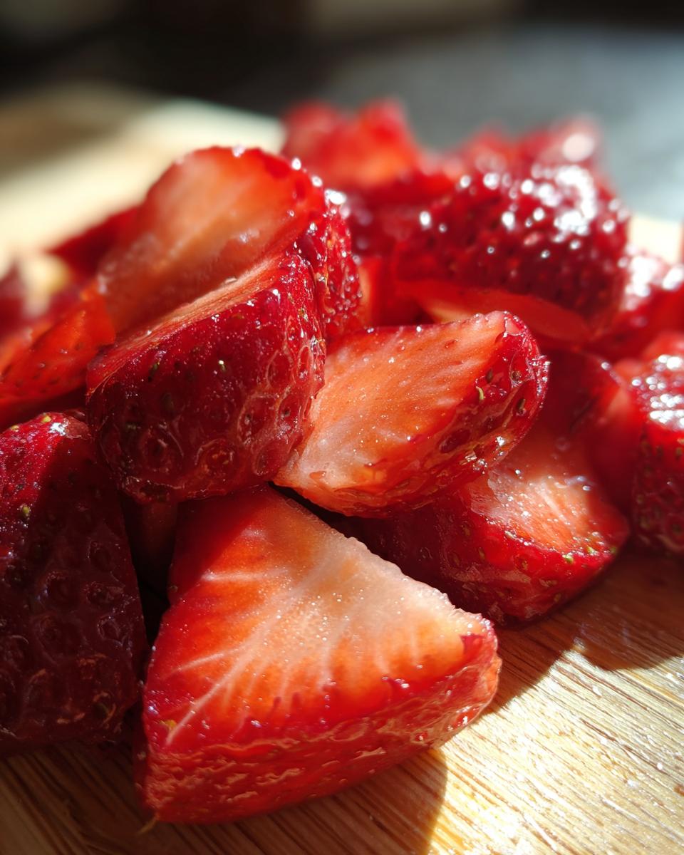 Close-up, brightly lit photo of sliced Champagne Strawberries glistening on a wooden surface.