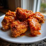 Close-up of crispy, glazed pieces of Southern Hot Honey Fried Chicken piled on a white plate.