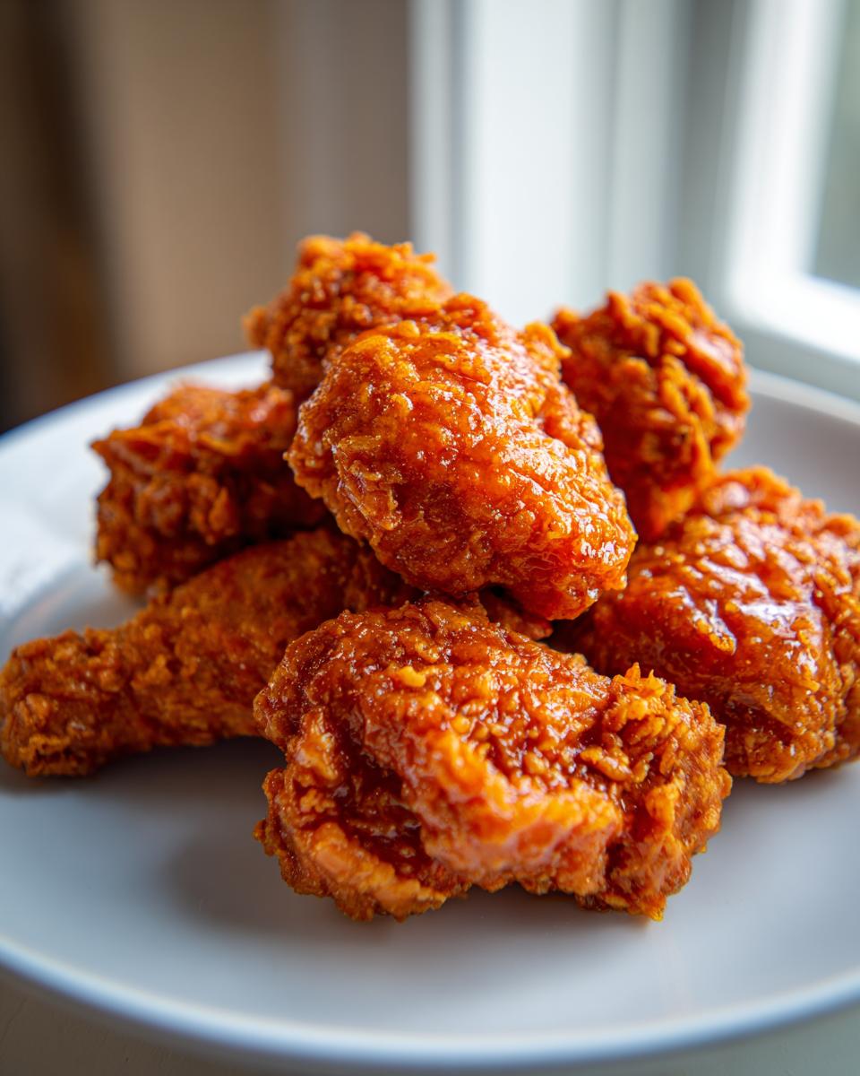 Close-up of several pieces of crispy, glazed Southern Hot Honey Fried Chicken piled on a light blue plate.