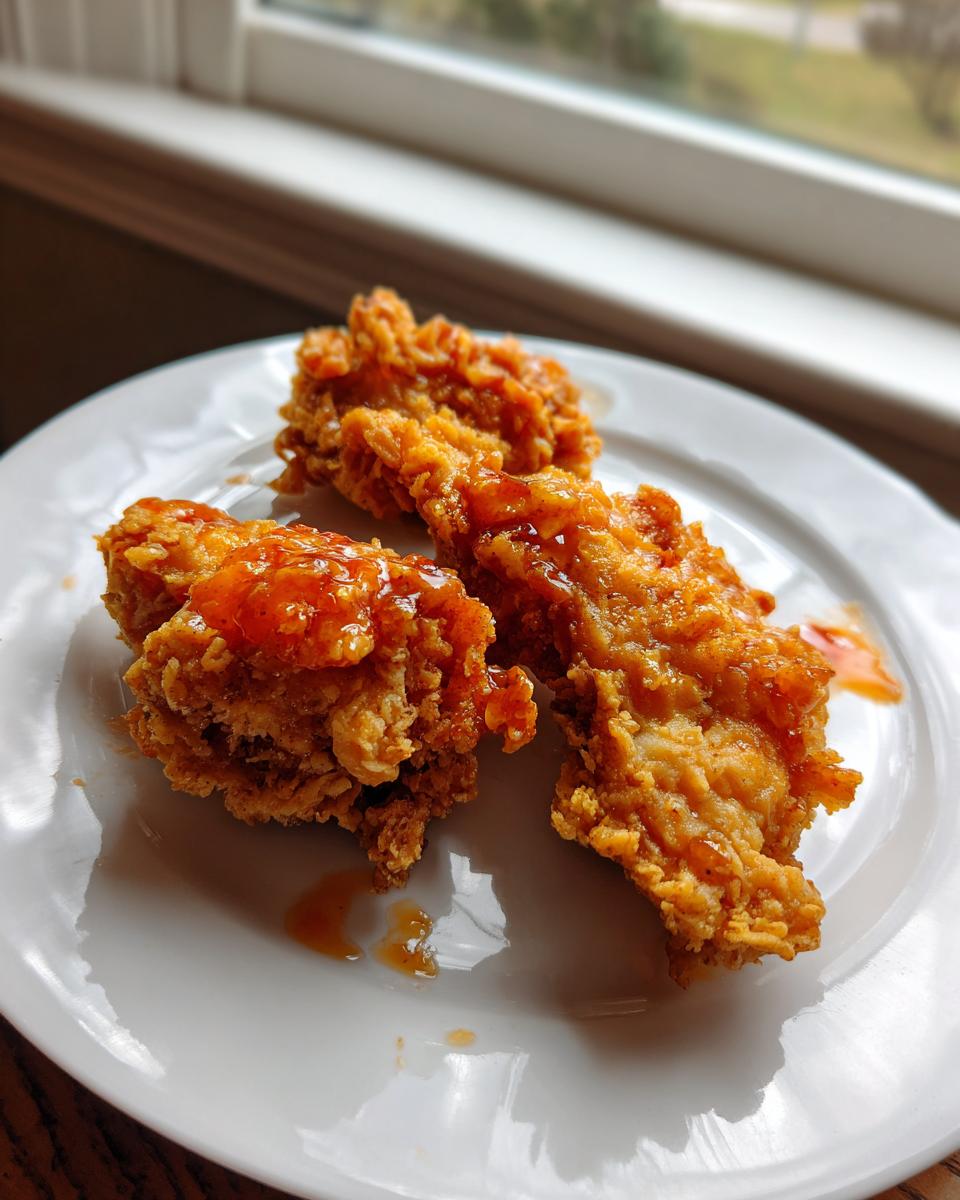 Three pieces of crispy Southern Hot Honey Fried Chicken drizzled with a shiny orange glaze on a white plate.
