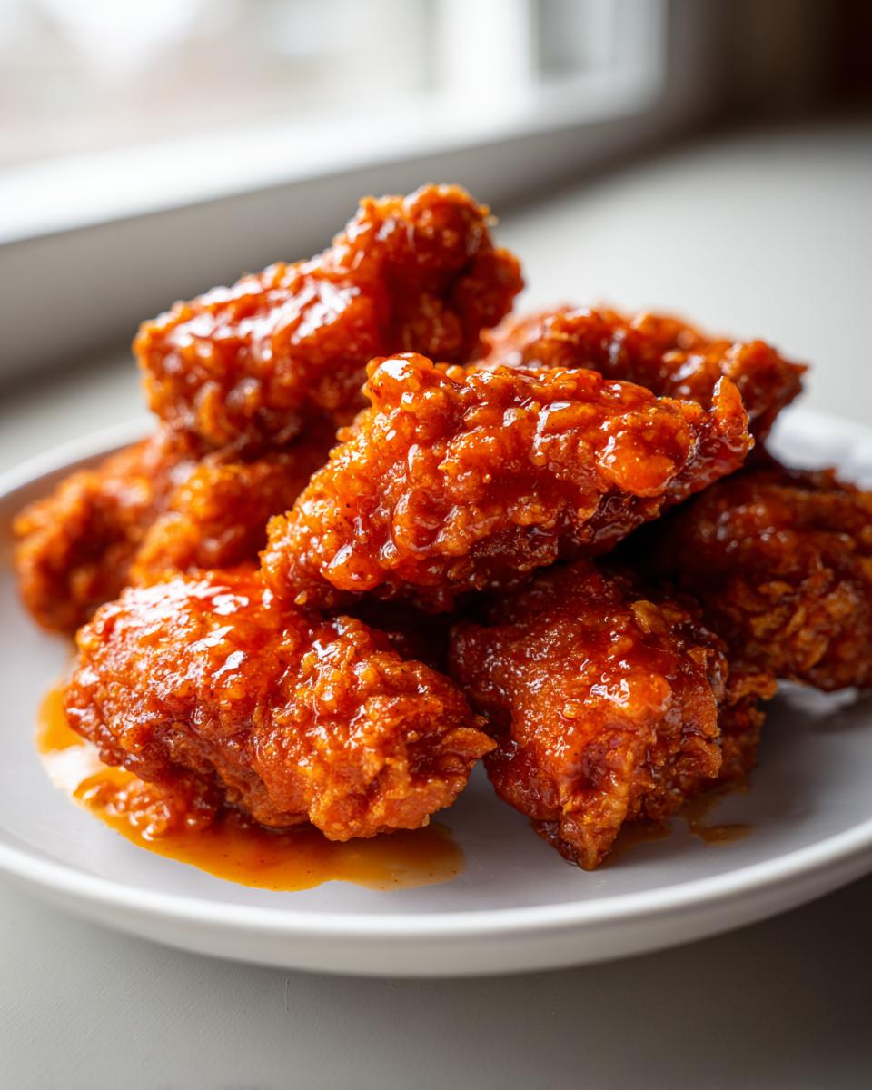 Close-up of crispy, glazed chicken wings coated in vibrant orange sauce, representing Southern Hot Honey Fried Chicken.