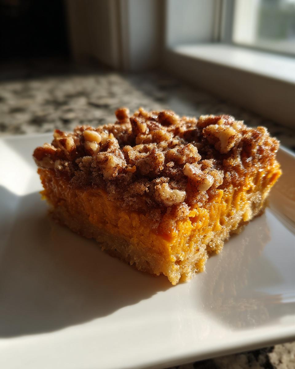 A square serving of Southern Maple Sweet Potato Casserole with a pecan crumble topping on a white plate.